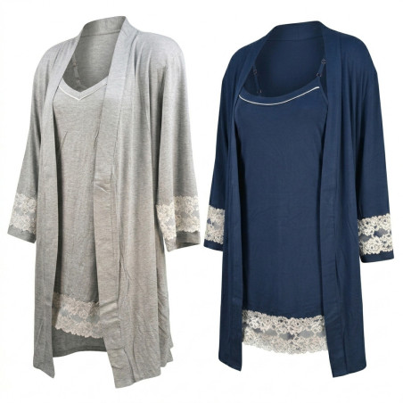 OZABI Ensemble Nuisette Kimono Femme 2 Pièces Viscose Dentelle Florale Loungewear Bretelles Fines Réglables Ceinture