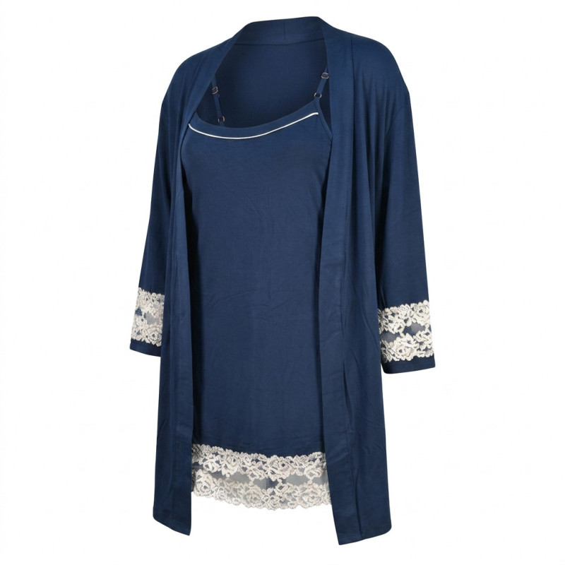 OZABI Ensemble Nuisette Kimono Femme 2 Pièces Viscose Dentelle Florale Loungewear Bretelles Fines Réglables Ceinture