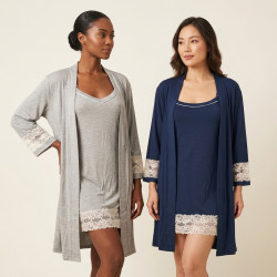 OZABI Ensemble Nuisette Kimono Femme 2 Pièces Viscose Dentelle Florale Loungewear Bretelles Fines Réglables Ceinture