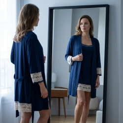 OZABI Ensemble Nuisette Kimono Femme 2 Pièces Viscose Dentelle Florale Loungewear Bretelles Fines Réglables Ceinture