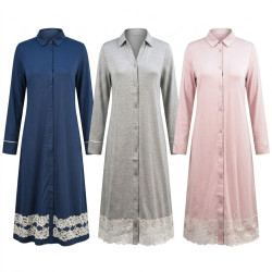 OZABI Chemise de Nuit Femme 1 Pièce Boutonnée Intégralement Col Chemise Dentelle Florale Bas Manche Longue Liseré Satin