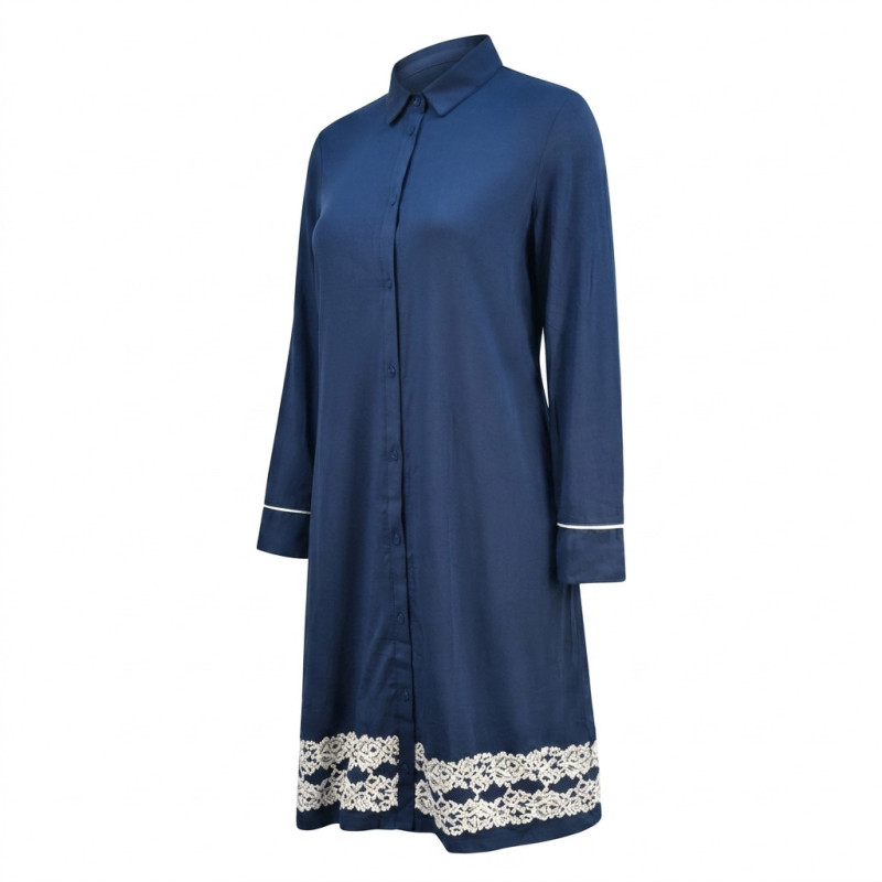 OZABI Chemise de Nuit Femme 1 Pièce Boutonnée Intégralement Col Chemise Dentelle Florale Bas Manche Longue Liseré Satin