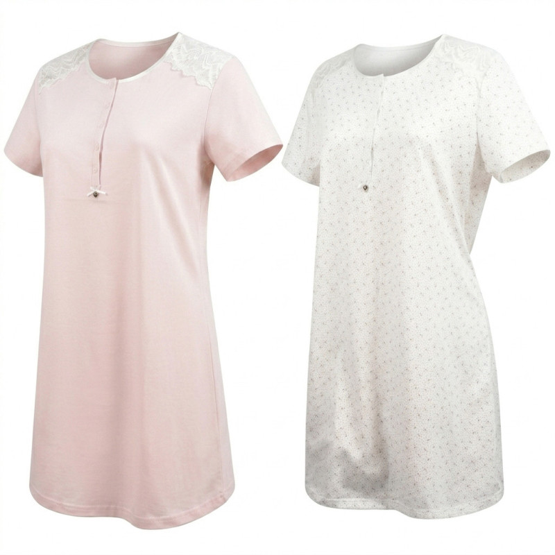 OZABI Pack de 2 Chemises de Nuit Femme Manches Courtes Dentelle Col Boutonné Uni & Imprimé Fantaisie 80% Coton 20% Polyester