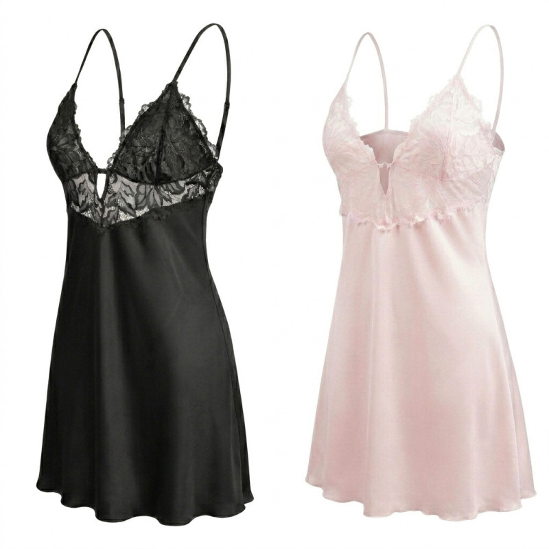 Pack de 2 Nuisettes Femme Satin & Dentelle – Lingerie Nuit Sexy Romantique – Cadeau Saint-Valentin Idéal – Tailles M à XL