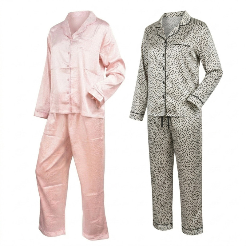 OZABI Pack 2 Pyjamas Femme Longs Satinés Brillants Imprimés, Haut Col Chemise Arrondi 5 Boutons Manches Longues Poche