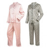 OZABI Pack 2 Pyjamas Femme Longs Satinés Brillants Imprimés, Haut Col Chemise Arrondi 5 Boutons Manches Longues Poche