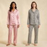 OZABI Pack 2 Pyjamas Femme Longs Satinés Brillants Imprimés, Haut Col Chemise Arrondi 5 Boutons Manches Longues Poche