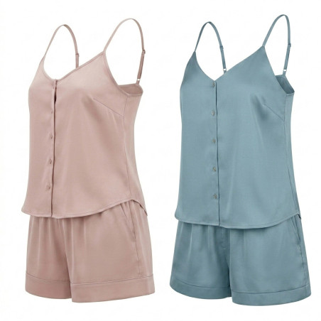 OZABI Pack 2 Pyjamas Courts Femme Satiné Mat, Débardeur Col V 5 Boutons Décoratifs et Short 2 Poches, Bretelles Fines Réglables