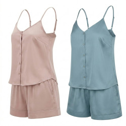 OZABI Pack 2 Pyjamas Courts Femme Satiné Mat, Débardeur Col V 5 Boutons Décoratifs et Short 2 Poches, Bretelles Fines Réglables