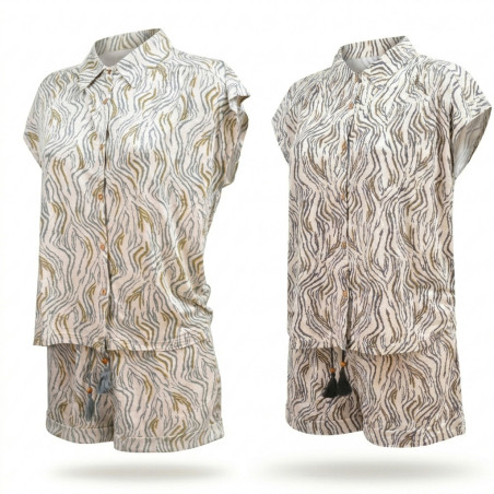 OZABI Pack 2 Pyjamas Courts Femme Viscose Imprimé Zébré, Chemise Boutonnée 6 Boutons Bois et Short 2 Poches, Cordon Perles Bois