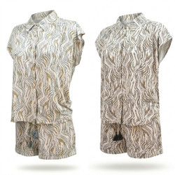 OZABI Pack 2 Pyjamas Courts Femme Viscose Imprimé Zébré, Chemise Boutonnée 6 Boutons Bois et Short 2 Poches, Cordon Perles Bois