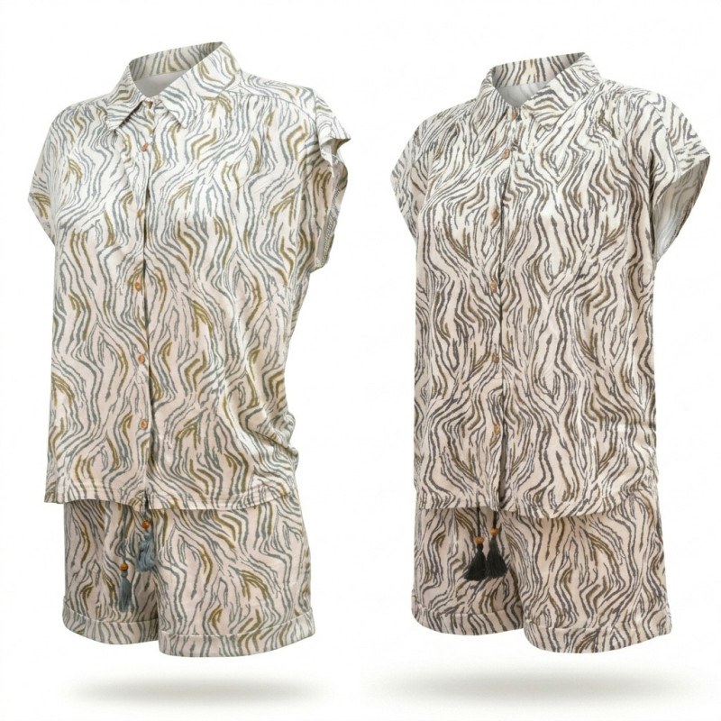 OZABI Pack 2 Pyjamas Courts Femme Viscose Imprimé Zébré, Chemise Boutonnée 6 Boutons Bois et Short 2 Poches, Cordon Perles Bois