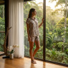 OZABI Pack 2 Pyjamas Courts Femme Viscose Imprimé Zébré, Chemise Boutonnée 6 Boutons Bois et Short 2 Poches, Cordon Perles Bois