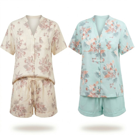 OZABI Pack 2 Pyjamas Courts Femme 100% Polyester Imprimé Tropical, Chemise Col V Mao 5 Boutons 2 Poches Poitrine et Short Fluide