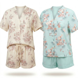 OZABI Pack 2 Pyjamas Courts Femme 100% Polyester Imprimé Tropical, Chemise Col V Mao 5 Boutons 2 Poches Poitrine et Short Fluide