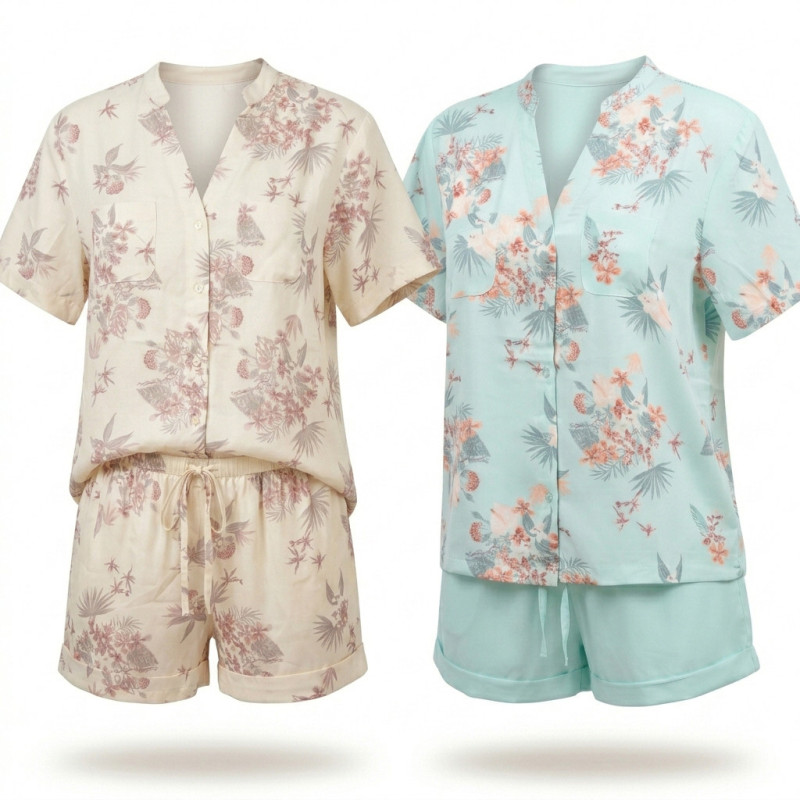 OZABI Pack 2 Pyjamas Courts Femme 100% Polyester Imprimé Tropical, Chemise Col V Mao 5 Boutons 2 Poches Poitrine et Short Fluide