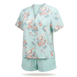OZABI Pack 2 Pyjamas Courts Femme 100% Polyester Imprimé Tropical, Chemise Col V Mao 5 Boutons 2 Poches Poitrine et Short Fluide