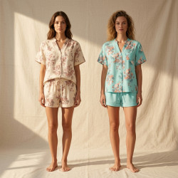 OZABI Pack 2 Pyjamas Courts Femme 100% Polyester Imprimé Tropical, Chemise Col V Mao 5 Boutons 2 Poches Poitrine et Short Fluide
