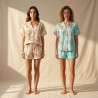 OZABI Pack 2 Pyjamas Courts Femme 100% Polyester Imprimé Tropical, Chemise Col V Mao 5 Boutons 2 Poches Poitrine et Short Fluide