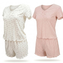 OZABI Pack 2 Pyjamas Femme Courts, T-Shirt Col V Boutonné Dentelle, Short Volant Froufrou Élastiqué