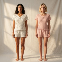 OZABI Pack 2 Pyjamas Femme Courts, T-Shirt Col V Boutonné Dentelle, Short Volant Froufrou Élastiqué
