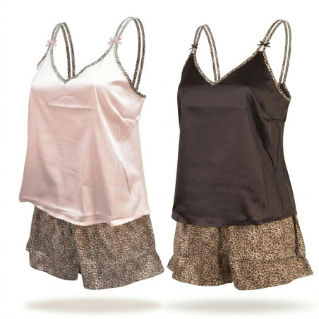 OZABI Pack 2 Pyjamas Femme Courts Satinés, Débardeur Satiné Dos Nu Double Bretelle Fine Léopard Réglable Noeuds Satin