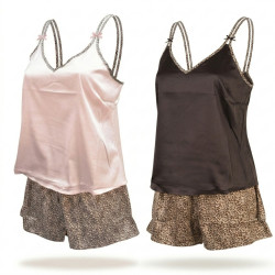 OZABI Pack 2 Pyjamas Femme Courts Satinés, Débardeur Satiné Dos Nu Double Bretelle Fine Léopard Réglable Noeuds Satin