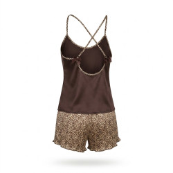 OZABI Pack 2 Pyjamas Femme Courts Satinés, Débardeur Satiné Dos Nu Double Bretelle Fine Léopard Réglable Noeuds Satin