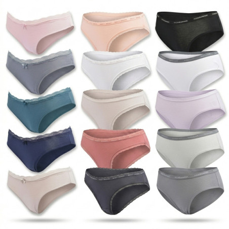 OZABI - Lot 5 Culottes Femme Coton Taille Basse Mini - Liseré Dentelle & Nœud Satin - Multicolore M à XXL