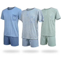 OZABI Pack 3 Pyjamas Courts Homme Coton Majoritaire, T-Shirt Col Henley 2 Boutons Poche Imprimée Manches Courtes, Short Taille É