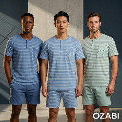 OZABI Pack 3 Pyjamas Courts Homme Coton Majoritaire, T-Shirt Col Henley 2 Boutons Poche Imprimée Manches Courtes, Short Taille É
