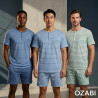 OZABI Pack 3 Pyjamas Courts Homme Coton Majoritaire, T-Shirt Col Henley 2 Boutons Poche Imprimée Manches Courtes, Short Taille É