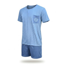 OZABI Pack 3 Pyjamas Courts Homme Coton Majoritaire, T-Shirt Col Henley 2 Boutons Poche Imprimée Manches Courtes, Short Taille É