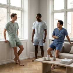 OZABI Pack 3 Pyjamas Courts Homme Coton Majoritaire, T-Shirt Col Henley 2 Boutons Poche Imprimée Manches Courtes, Short Taille É