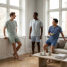 OZABI Pack 3 Pyjamas Courts Homme Coton Majoritaire, T-Shirt Col Henley 2 Boutons Poche Imprimée Manches Courtes, Short Taille É