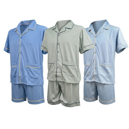 OZABI Pack 3 Pyjamas Courts Homme 80% Coton, Veste Col Chemise Entierement Boutonnee 5 Boutons 2 Poches Ventrales Manches Courte