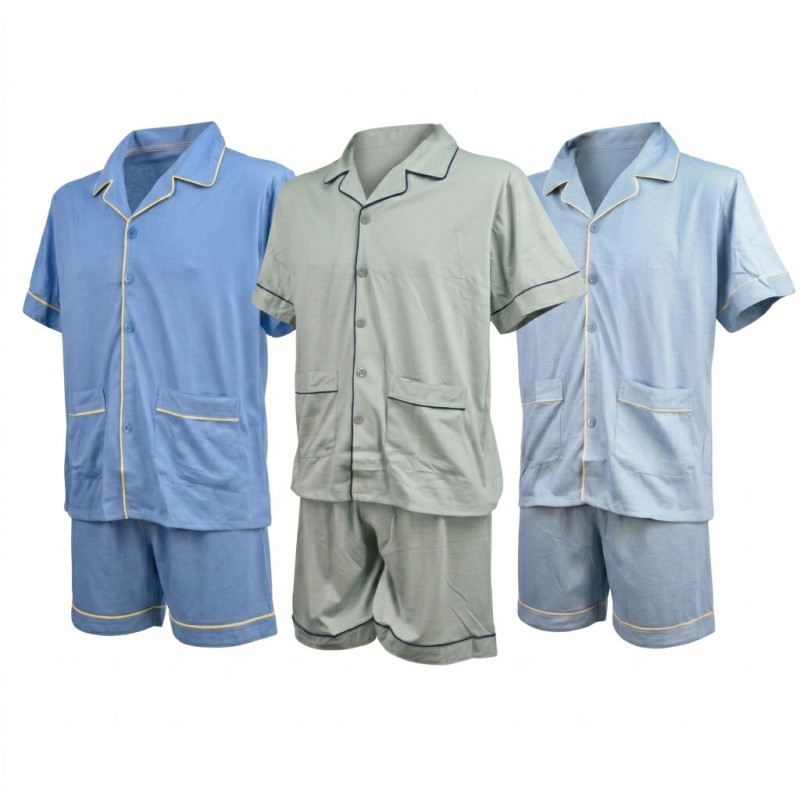 OZABI Pack 3 Pyjamas Courts Homme 80% Coton, Veste Col Chemise Entierement Boutonnee 5 Boutons 2 Poches Ventrales Manches Courte