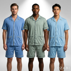 OZABI Pack 3 Pyjamas Courts Homme 80% Coton, Veste Col Chemise Entierement Boutonnee 5 Boutons 2 Poches Ventrales Manches Courte