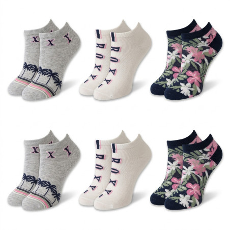 ROXY Chaussettes Fille Sneaker Pack de 6 (Lot) - Coton Respirant, Semelle Éponge Rembourrée, Tige Basse Discrète, Logo Roxy