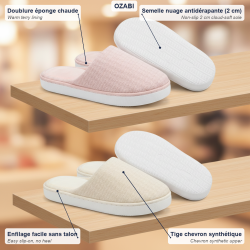 OZABI Pack 2 Paires Mules Femme Tige Chevron Semelle Nuage Souple Antidérapante Doublure Éponge Rose Beige