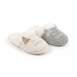 OZABI Pack 2 Paires Mules Femme Motif Chat Tricot Bouclette Doublure Fausse Fourrure