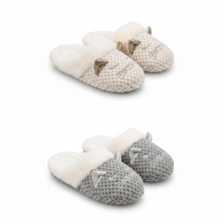 OZABI Pack 2 Paires Mules Femme Motif Chat Tricot Bouclette Doublure Fausse Fourrure
