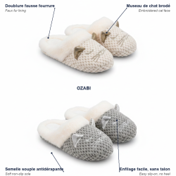 OZABI Pack 2 Paires Mules Femme Motif Chat Tricot Bouclette Doublure Fausse Fourrure
