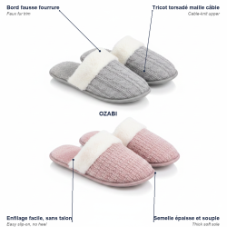 OZABI Pack 2 Paires Mules Femme Tricot Torsadé Bord Fausse Fourrure Semelle Épaisse Gris Rose