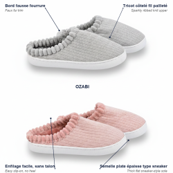 OZABI Pack 2 Paires Mules Femme Tricot Côtelé Pailleté Bord Fausse Fourrure Semelle Plate