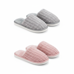 OZABI Pack 2 Paires Mules Femme Tricot Côtelé Semelle Plate Épaisse Bord Fausse Fourrure
