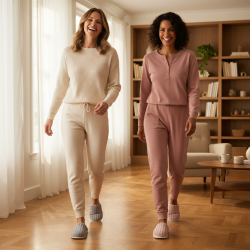 OZABI Pack 2 Paires Mules Femme Tricot Côtelé Semelle Plate Épaisse Bord Fausse Fourrure
