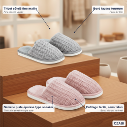 OZABI Pack 2 Paires Mules Femme Tricot Côtelé Semelle Plate Épaisse Bord Fausse Fourrure