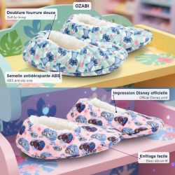 OZABI Pack 2 Paires Chaussons Fille Disney Stitch et Reine des Neiges Fourrés Doublure Fourrure Semelle Antidérapante ABS