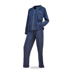 INFINITIF PARIS Ensemble Pyjama Long Femme Col Chemise Passepoil Blanc, Bleu Marine